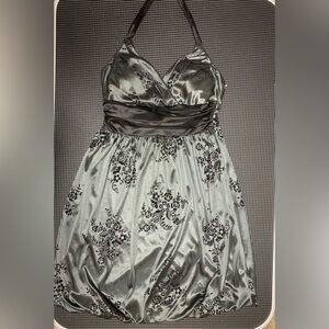 Trixxi Dress Vintage Style Halter Sweetheart Grey W/ Black Flowers Size Small
